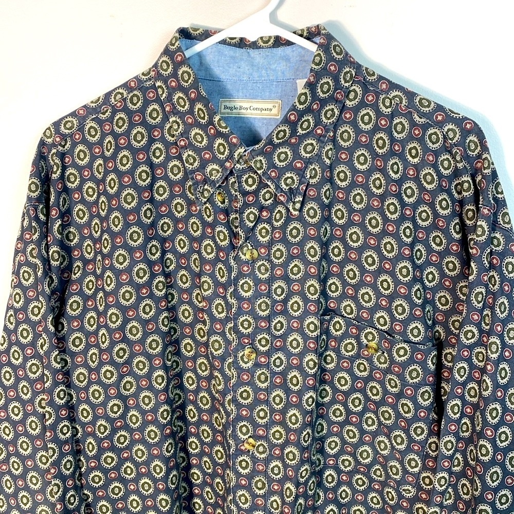 Vintage Bugle Boy Men's Geometric Patterned Shirt - Navy Green & Maroon size XL